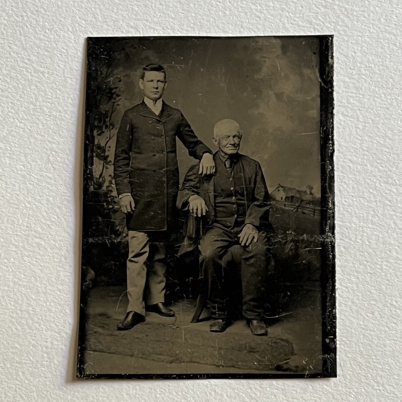 Antique Tintype Photograph Handsome Young Man & Mature Man Grandfather? Father?