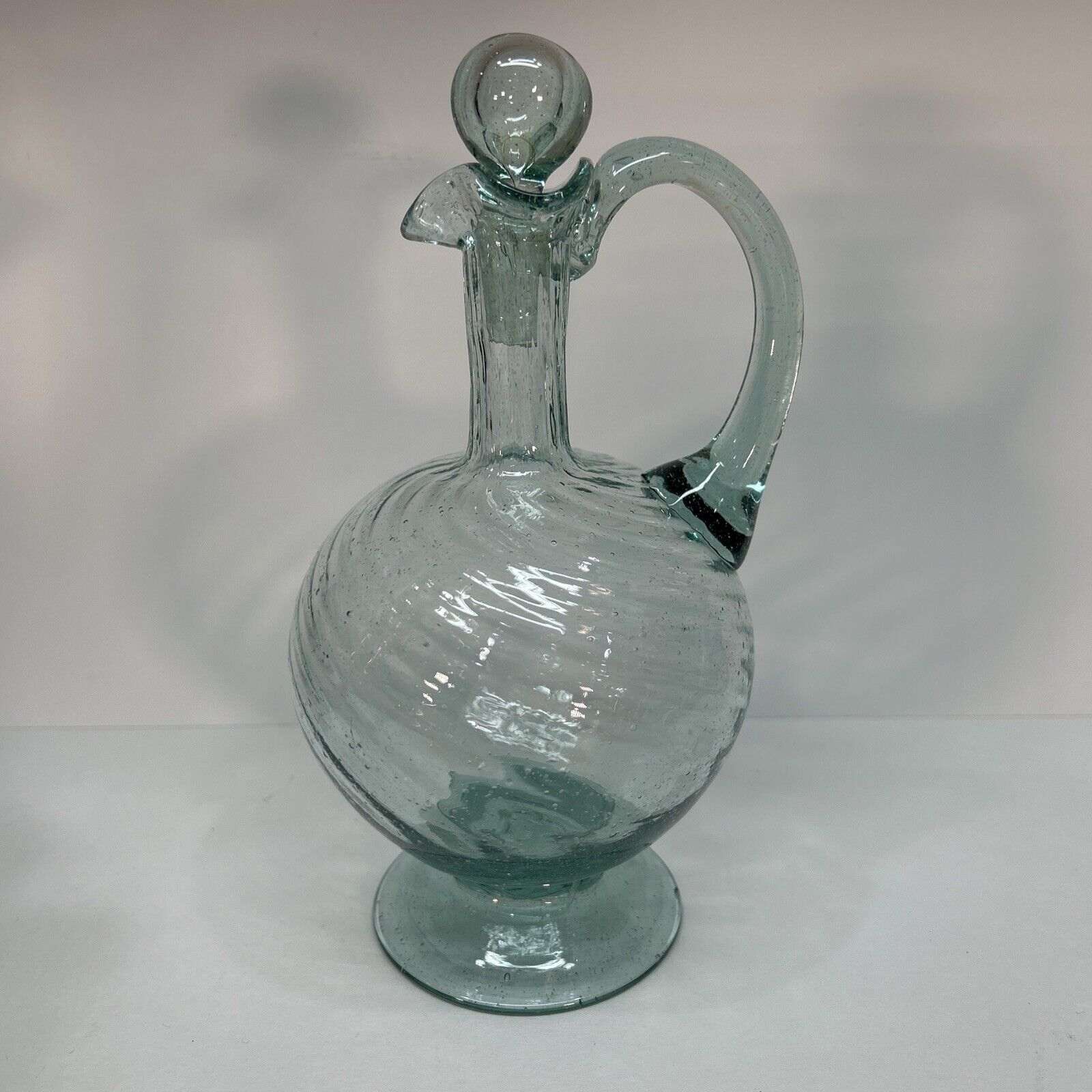Antique Teal swirl blown glass pitcher with stopper