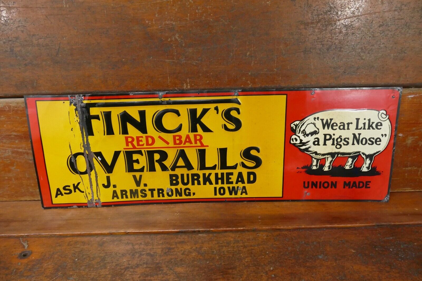 RARE Vintage Original 1930s/1940s Finck’s Red Bar Overalls Embossed Metal Sign
