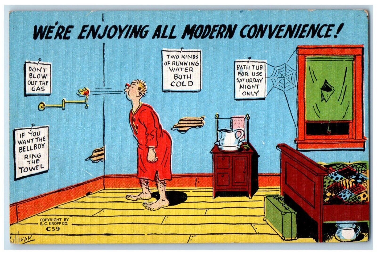 c1930\'s Hotel Room Man Blow Out The Gas Enjoying All Modern Convenience Postcard