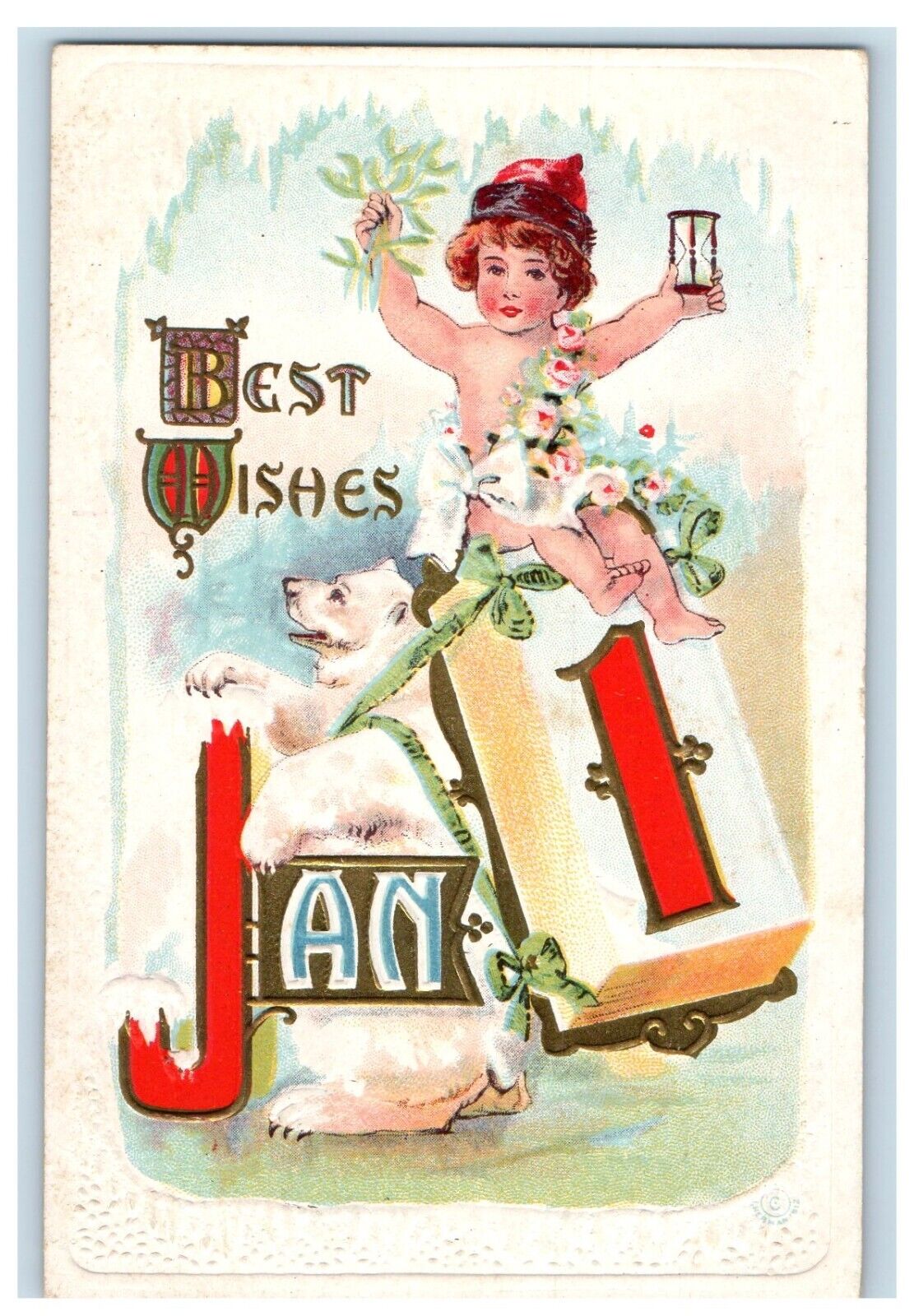 1913 Best Wishes Of Jan 1st Polar Bear Carrying Angel Cherub Antique Postcard