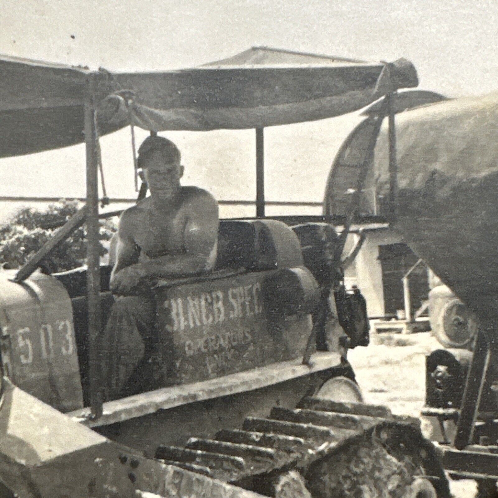 VINTAGE PHOTO Beefcake, Handsome Shirtless Man In Army Tank Car Treads Original