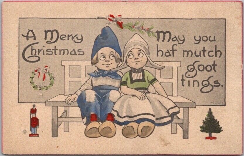 1910s Artist-Signed WALL Christmas Postcard Dutch Boy & Girl / Hand-Colored