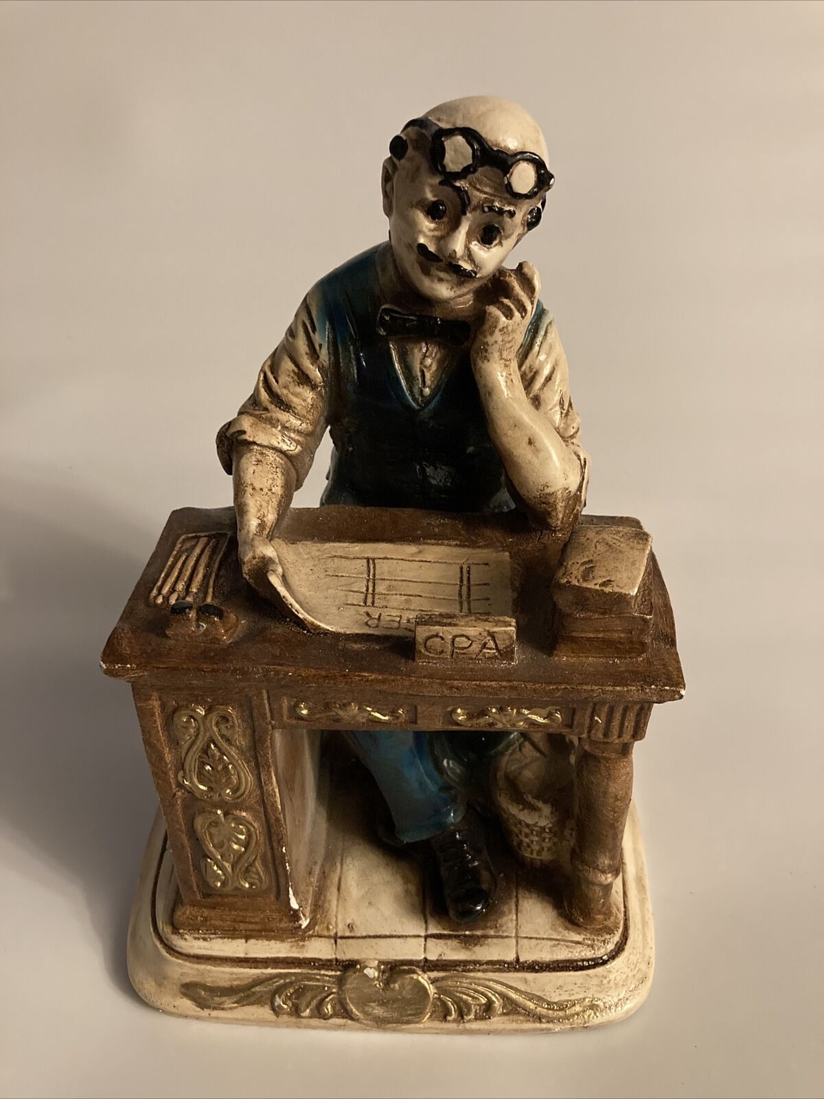 9.5” Tall Ceramic CPA Figurine Statue Sitting At Desk, Ledger Accountant