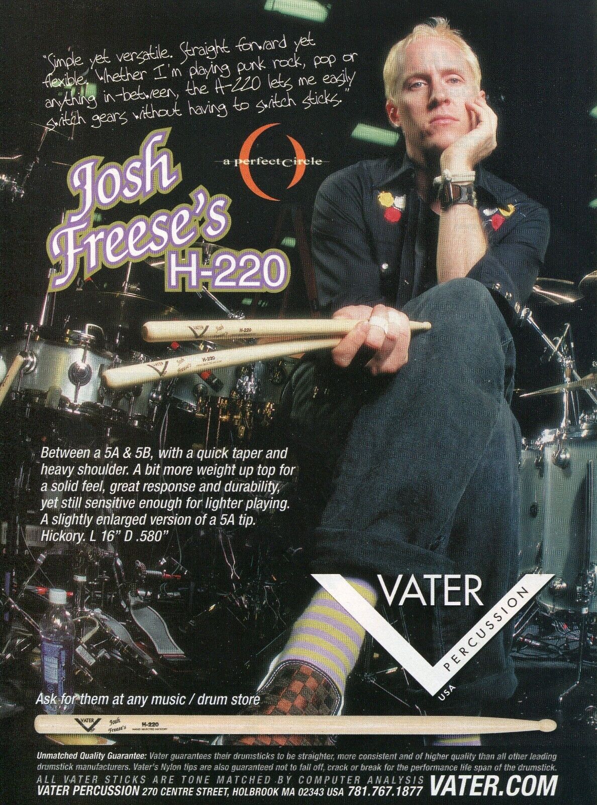 2007 Print Ad of Vater H-220 Drumsticks w Josh Freese A Perfect Circle