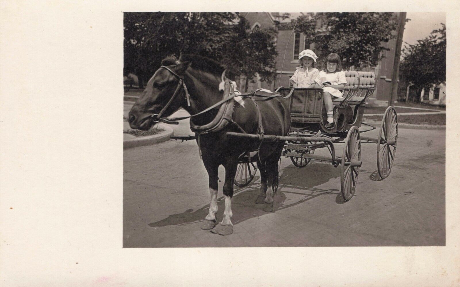 RPPC Two Little Girls In Carriage Drawn by Pony Real Photo  Postcard ca. 1915
