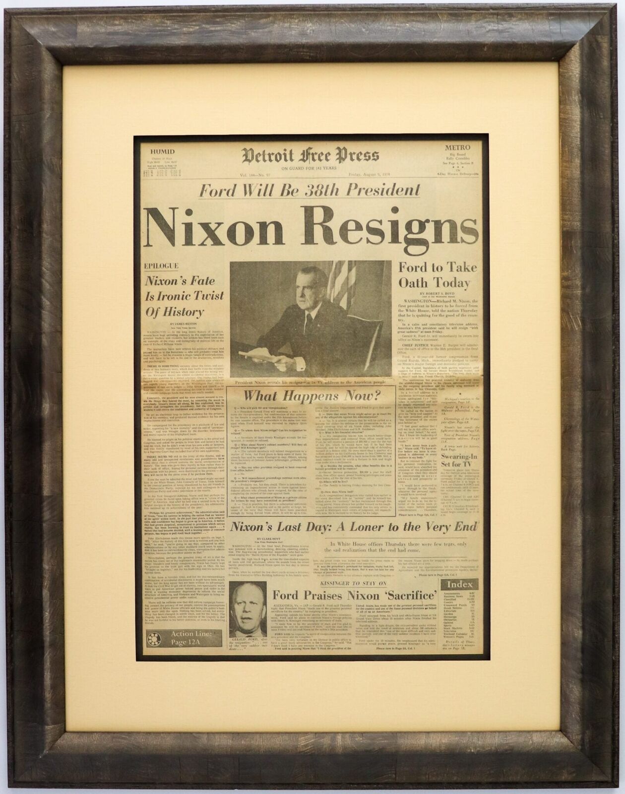 Framed The Detroit News Front Page: “Nixon Resigns”