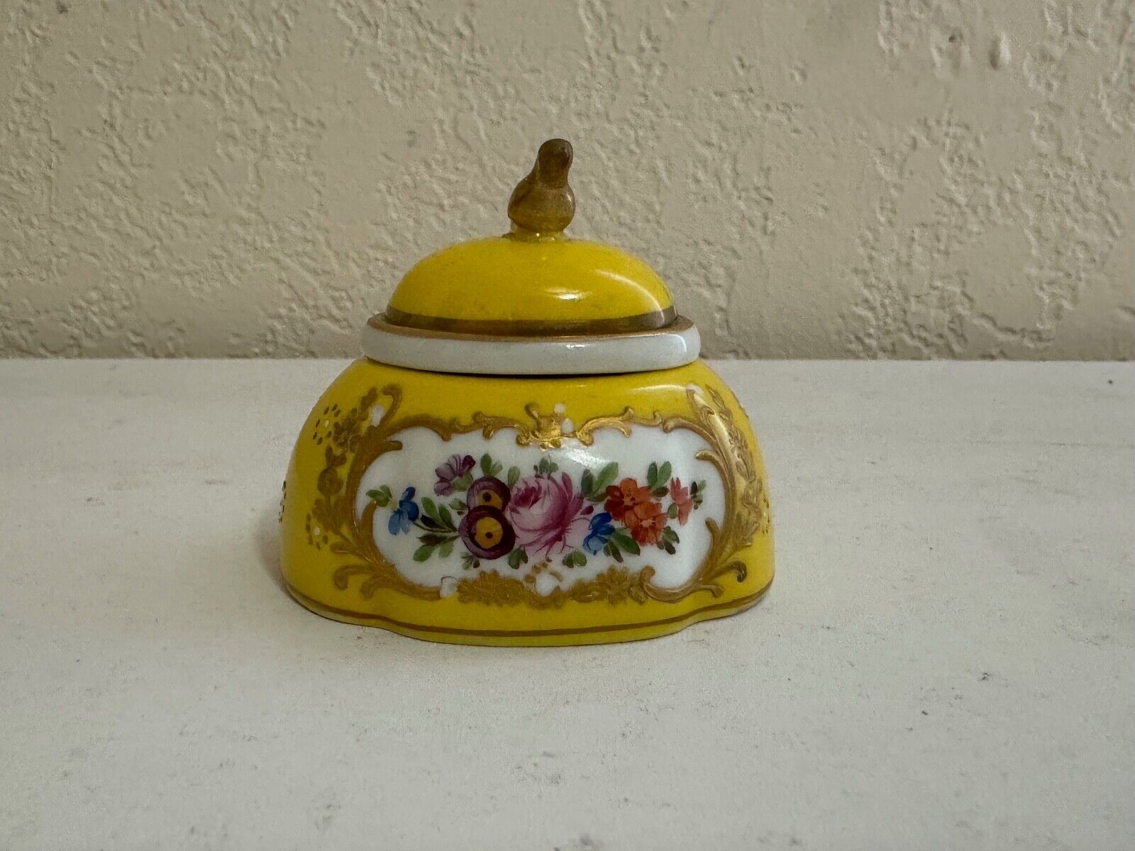 Antique German Carl Thieme Dresden Porcelain Yellow & Floral Decorated Inkwell