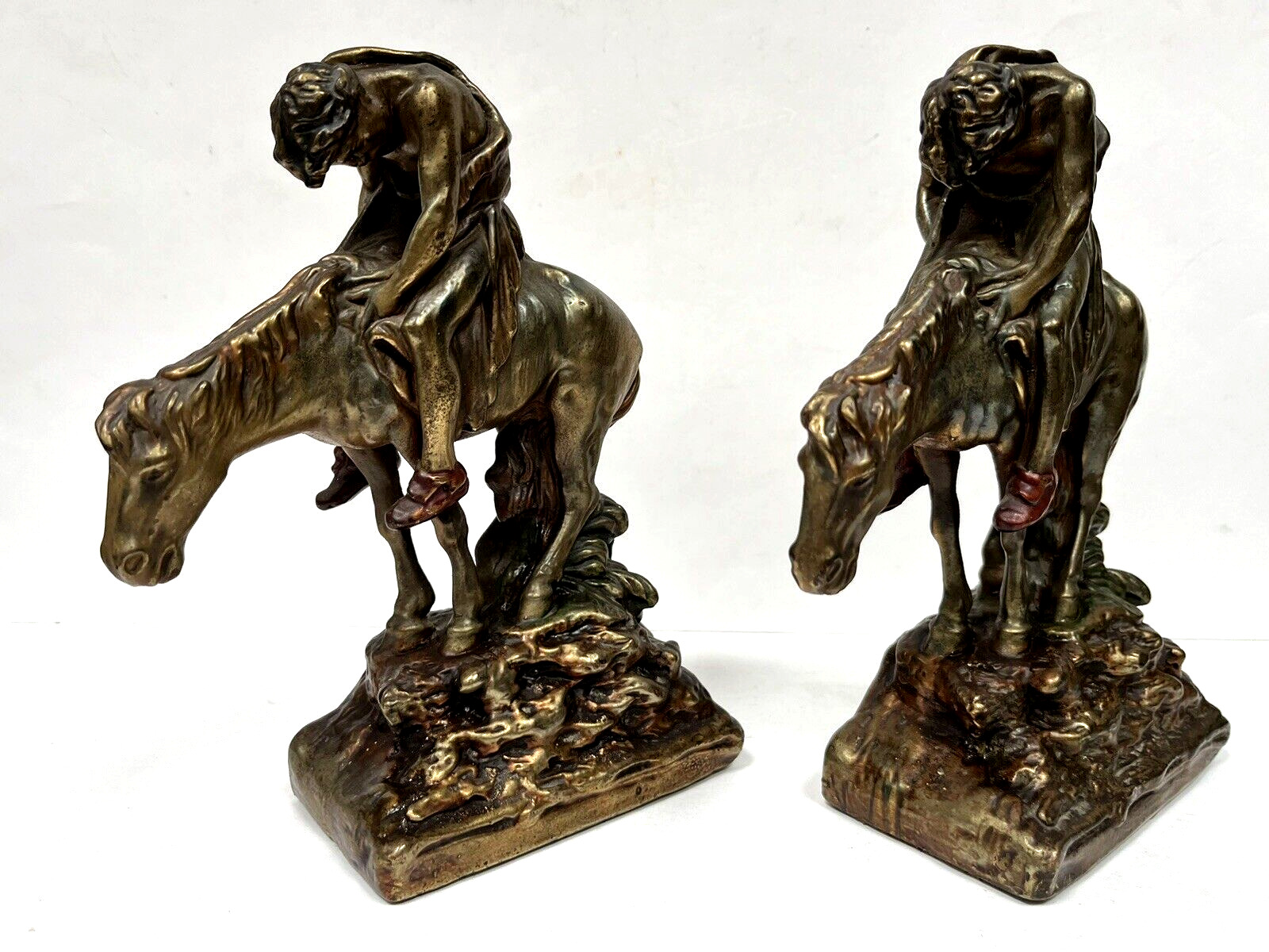 Antique Pair Armor Bronze Corp. Polychrome End of the Trail Bookends