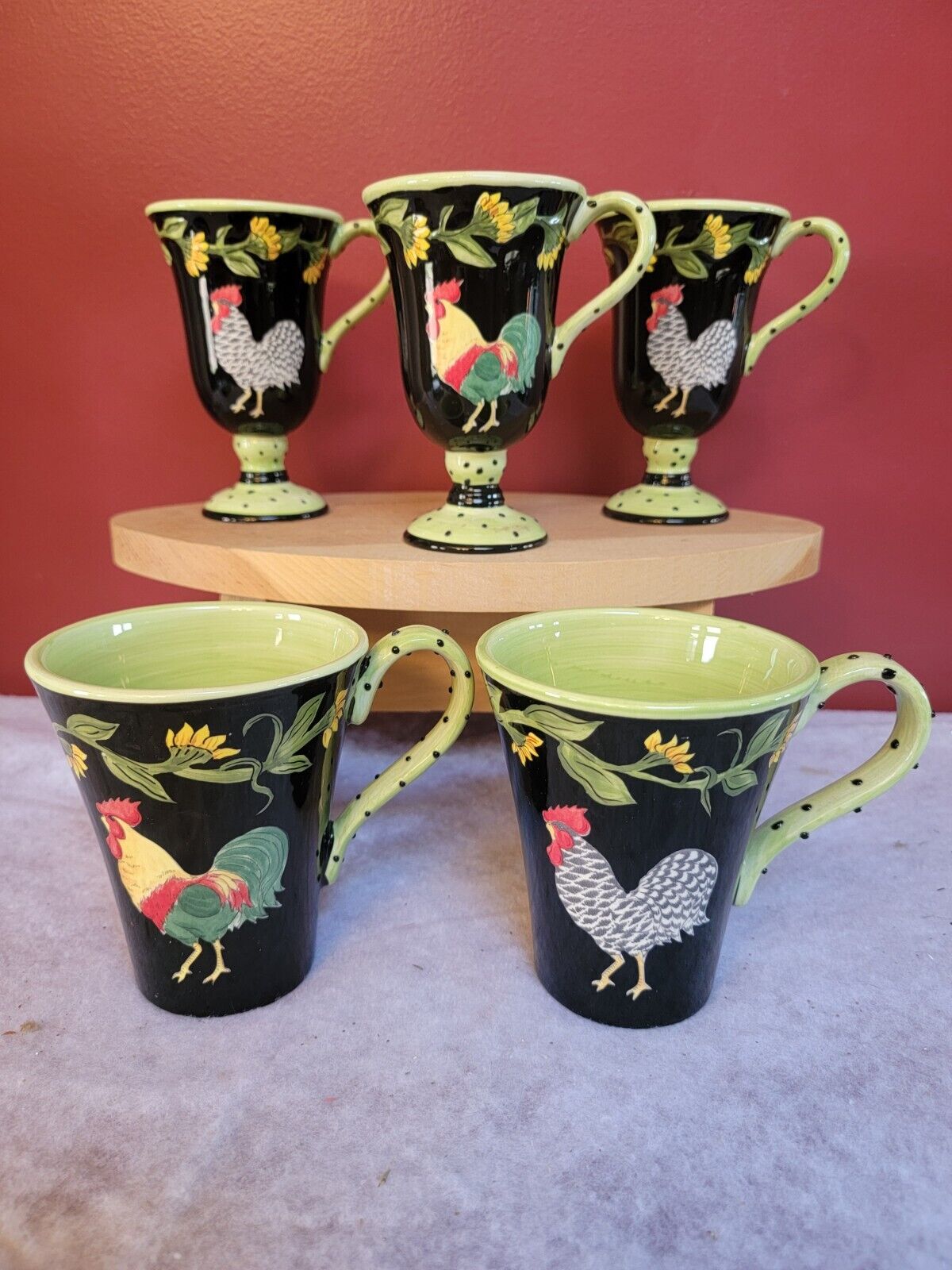Elisabeth Pohle By Blue Sky Rooster Coffee Mugs Hand Painted Whimsical 12oz 6oz