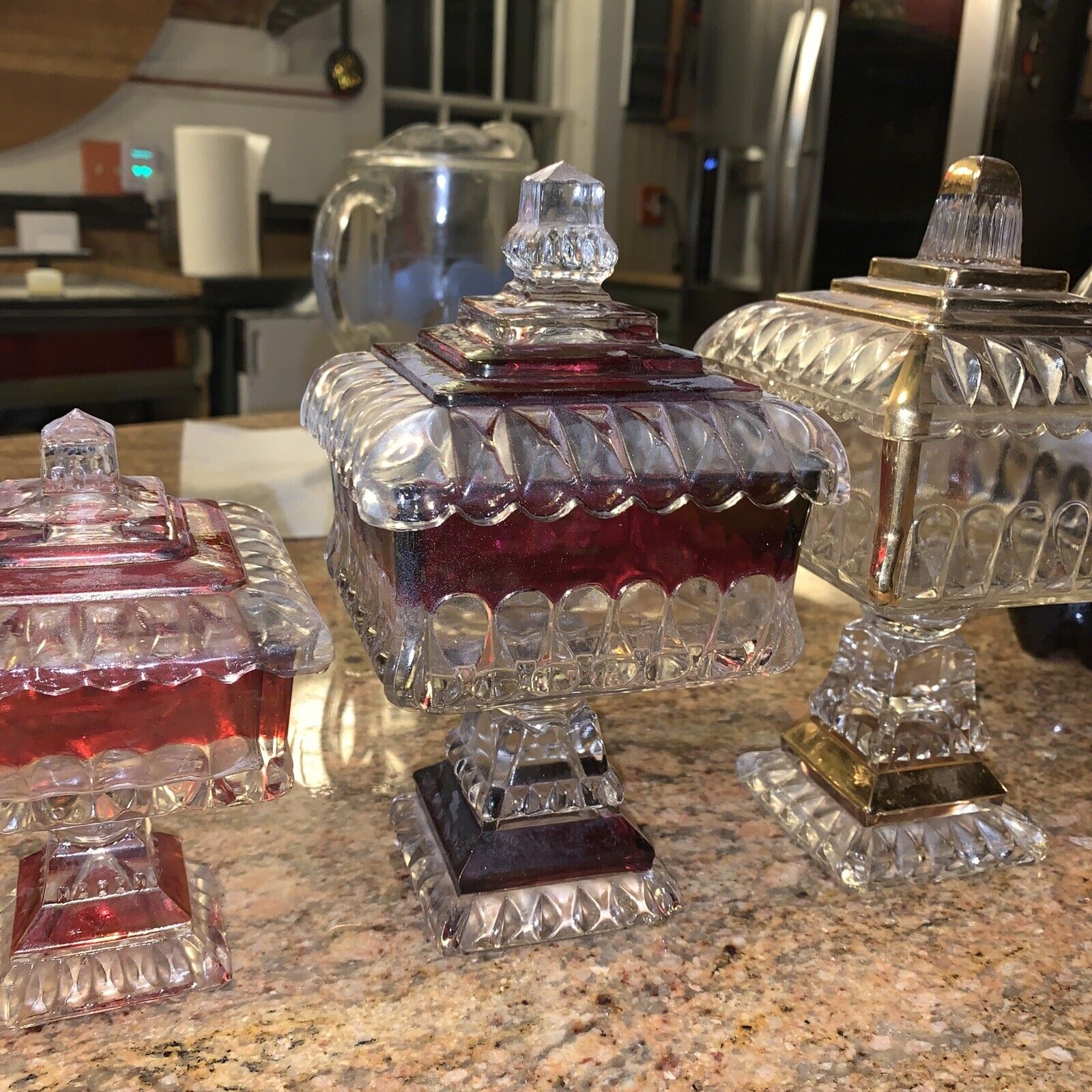 LOT SET Of 3, Largest 14k, Others Ruby REs Glass Pedestal Candy Dishes Wedding