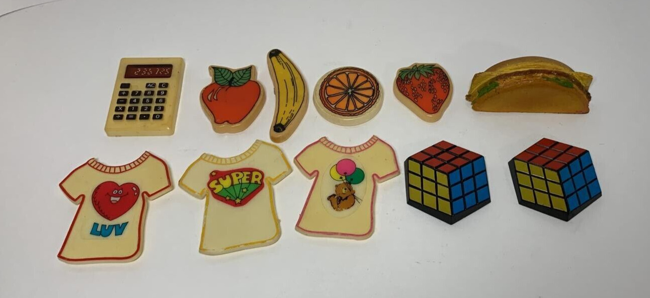 Vintage Lot 11 Arjon Fridge Magnets 80\'s Rubik\'s Cube Food Calculator Tshirt Etc