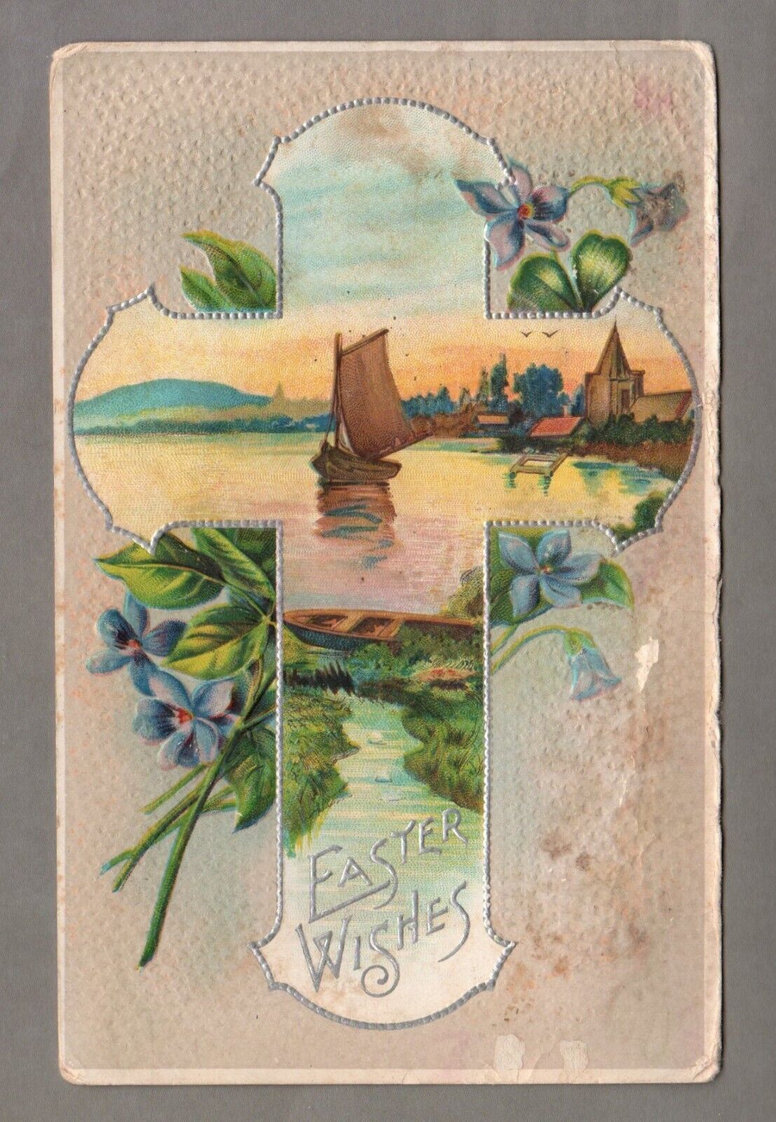 Early 1900s Easter Postcard, Cross, Sailboat, HSV Litho Co., Embossed, Vintage