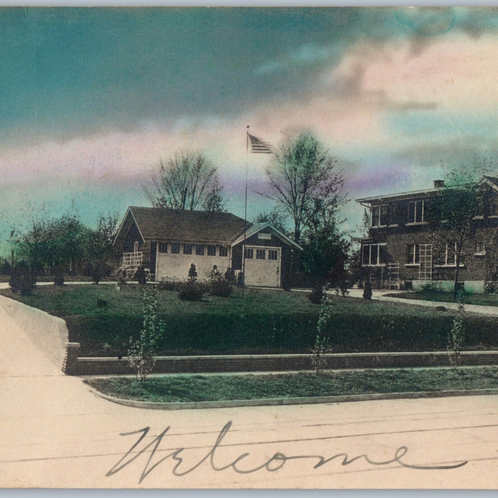 c1910s Beautiful Hand Colored House RPPC Residence Garage Street View Flag A187