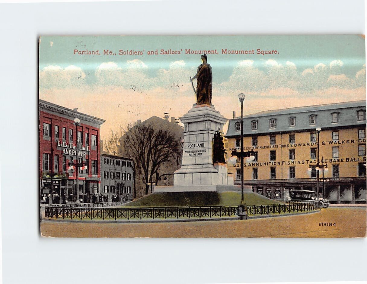 Postcard Monument Square Soldiers and Sailors Monument Portland Maine USA