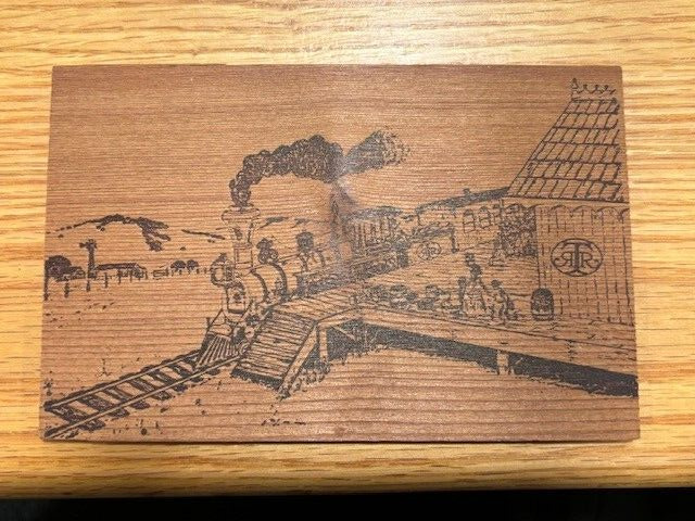 NICE RAILROAD Wooden Postcard OUR FATHER\'S PLACE TOWNSEND TN. TENNESSEE RAILROAD