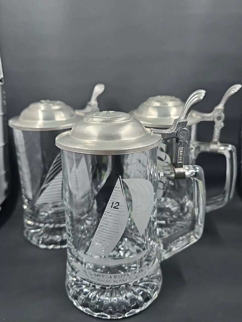  Vintage Old Spice Beer Steins Glass Etched Ships Nautical Germany Set of 3 Mugs