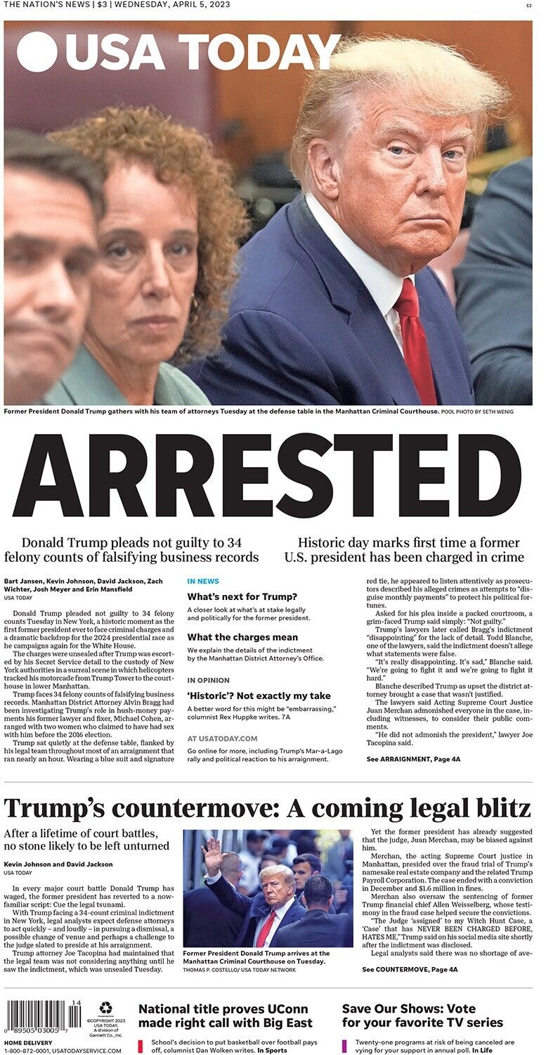 TRUMP ARRESTED HISTORICAL COVER HEADLINE USA TODAY *HARD COPY* NEWSPAPER 4/5/23