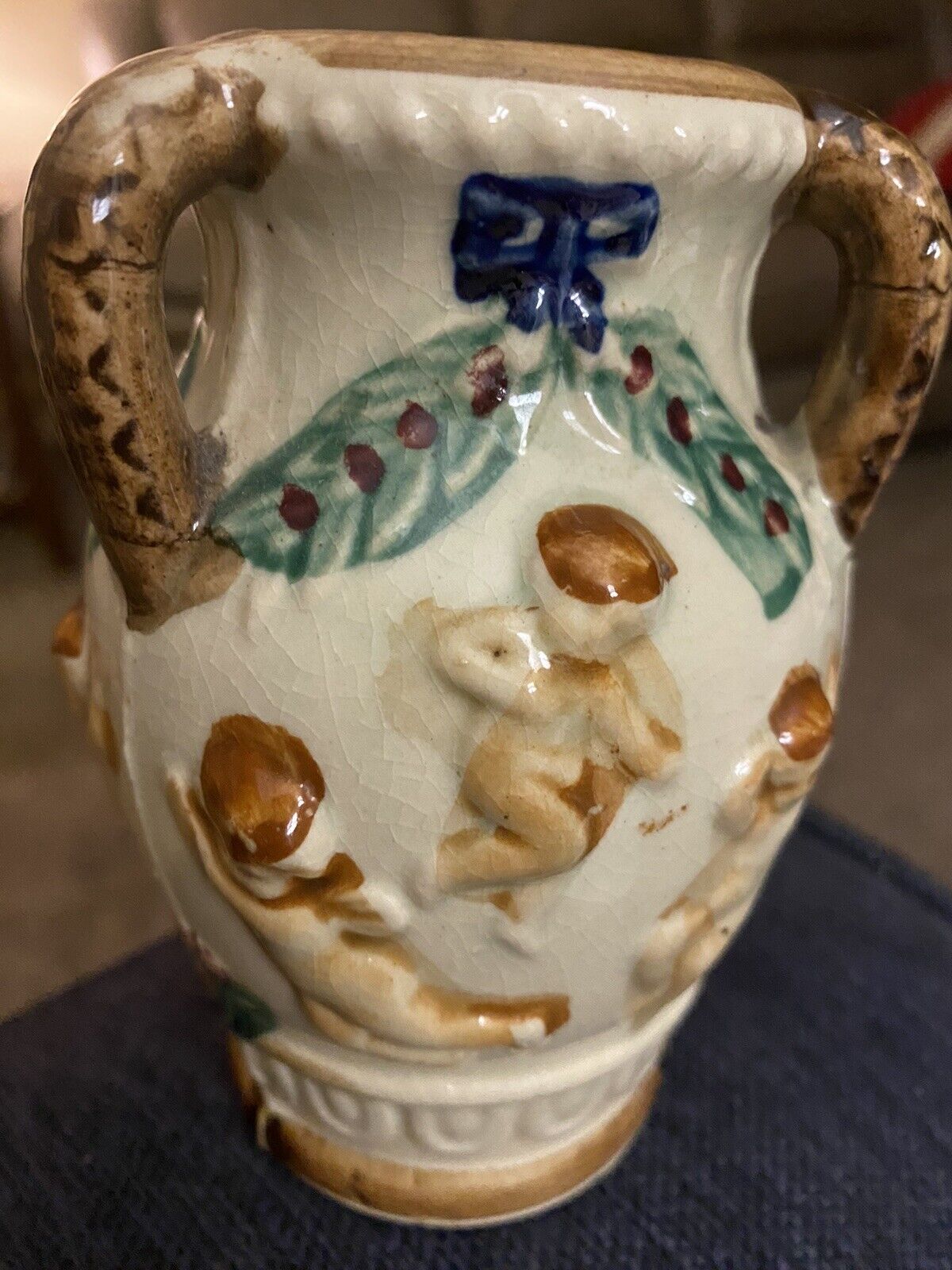 Porcelain Ceramic Cherub Vase Three handle 5 in Tall Vintage, Marked TROY, NY