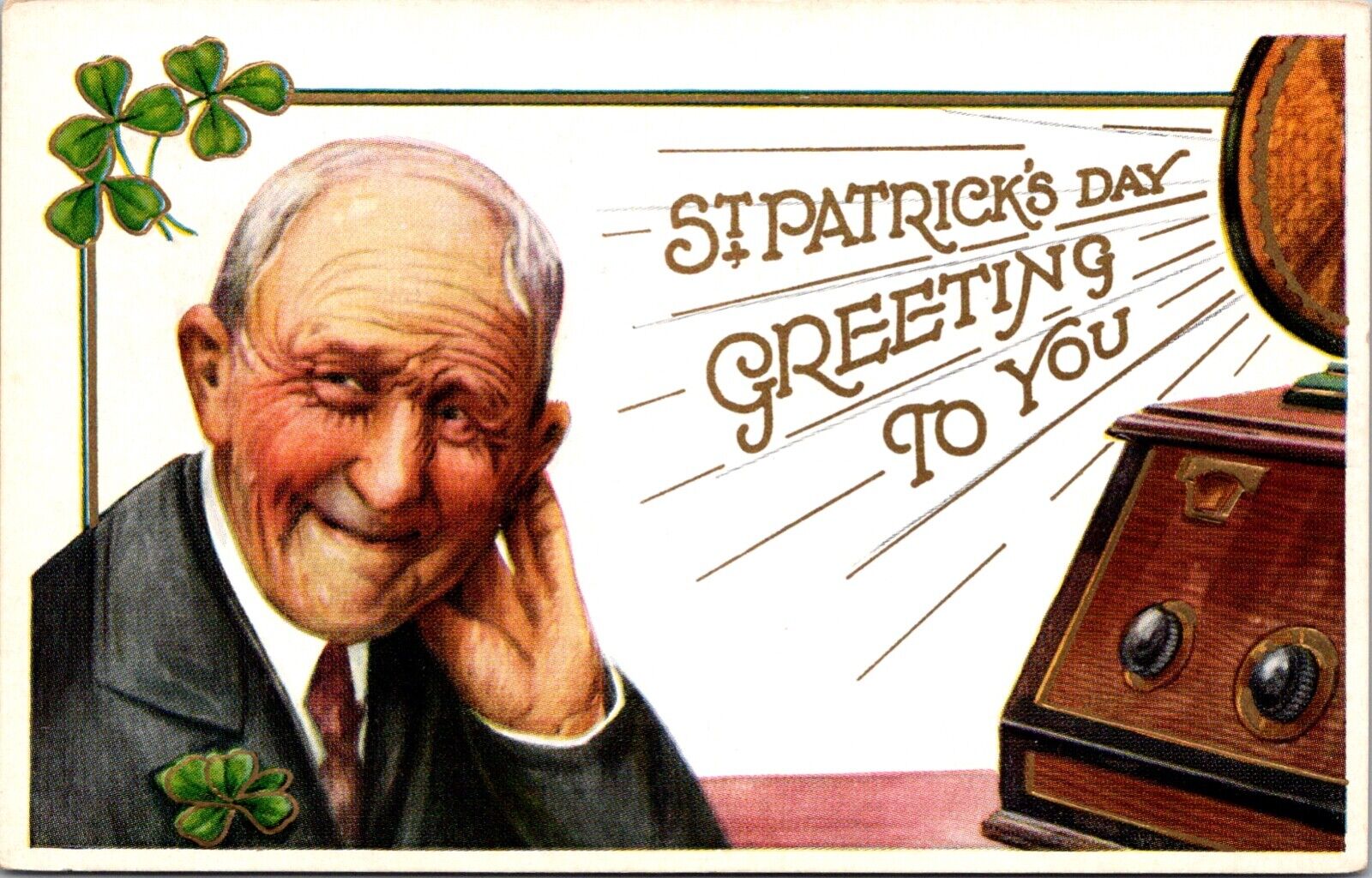 St. Patrick\'s Day Postcard Old Man Listening to Radio Greetings Clover Shamrock