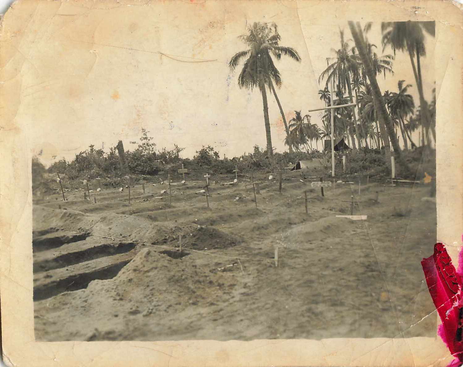 Vintage Snapshot Photo 2nd Marine Raider Cemetary Guadalcanal GUNG HO WW2 dark