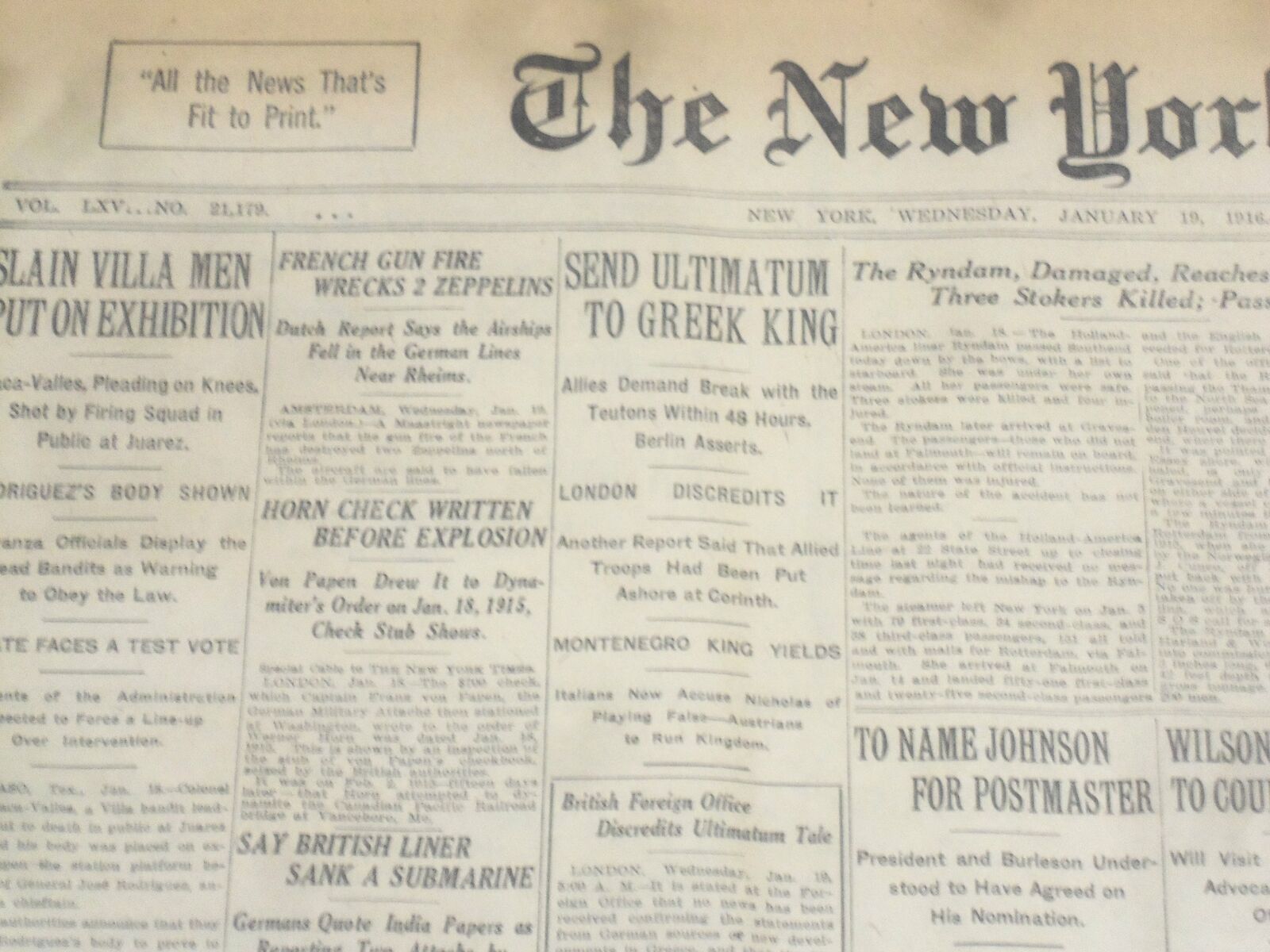 1916 JANUARY 19 NEW YORK TIMES - SEND ULTIMATUM TO GREEK KING - NT 9072