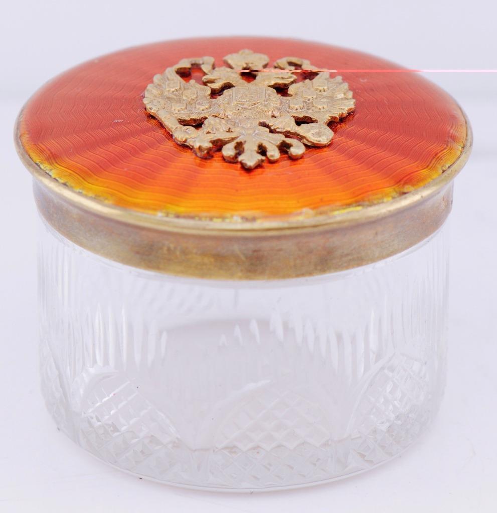 Imperial Russ Faberge Tsar\'s Era Silver Enamel Carved Crystal Vanity Jar c1900\'s