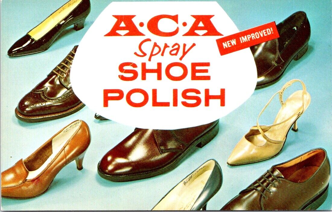 A.C.A. Spray SHOE Polish, Mid Century ADVERTISING Chrome Postcard