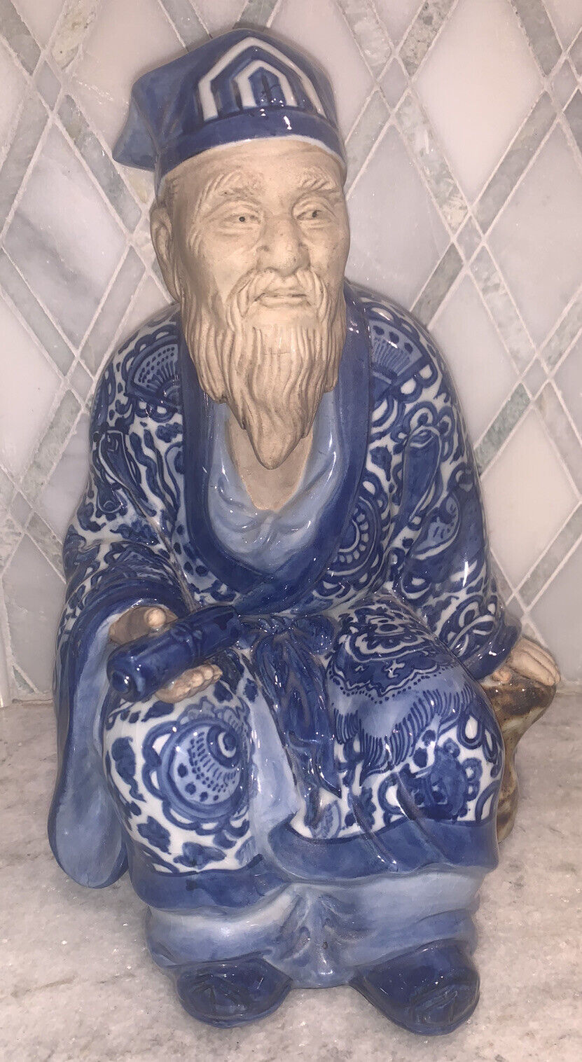 Vintage Japanese Kutani Jurojin Blue White Statue Figure 12”T 8.25”L 6.5”Deep