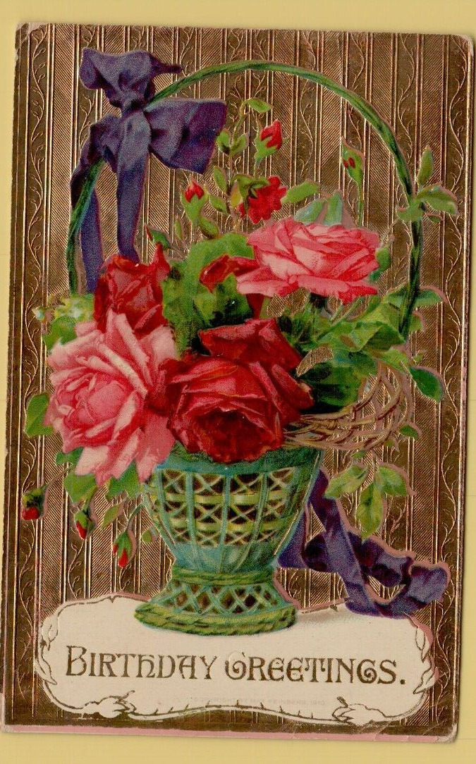 Birthday Greetings Postcard 1911 Basket of Roses Gel Gold MAB #18103 Posted