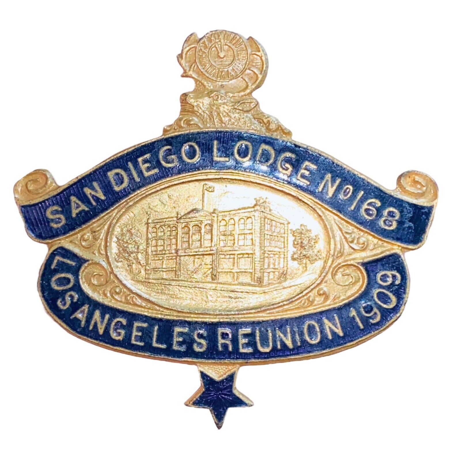 Antique 1909 B.P.O.E. Elks San Diego Lodge No 168 Enameled Medal Badge Pin BPOE