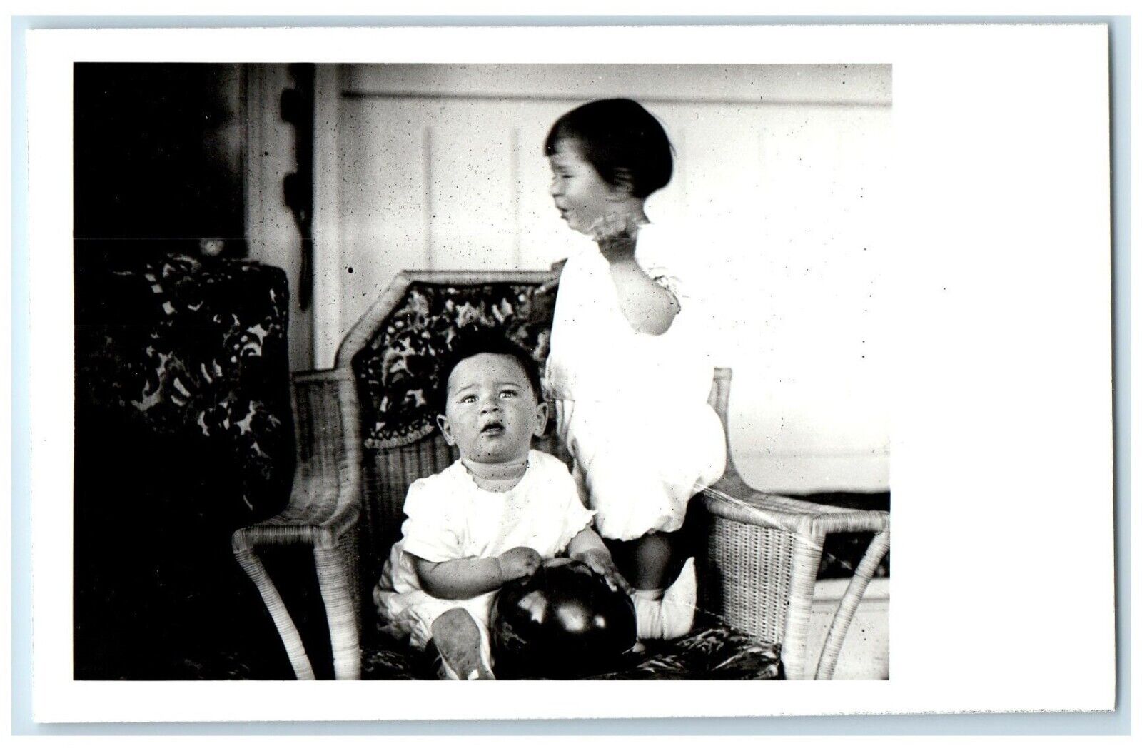 c1940's Cute Little Babies Toddler Sat On Chair Vintage RPPC Photo Postcard