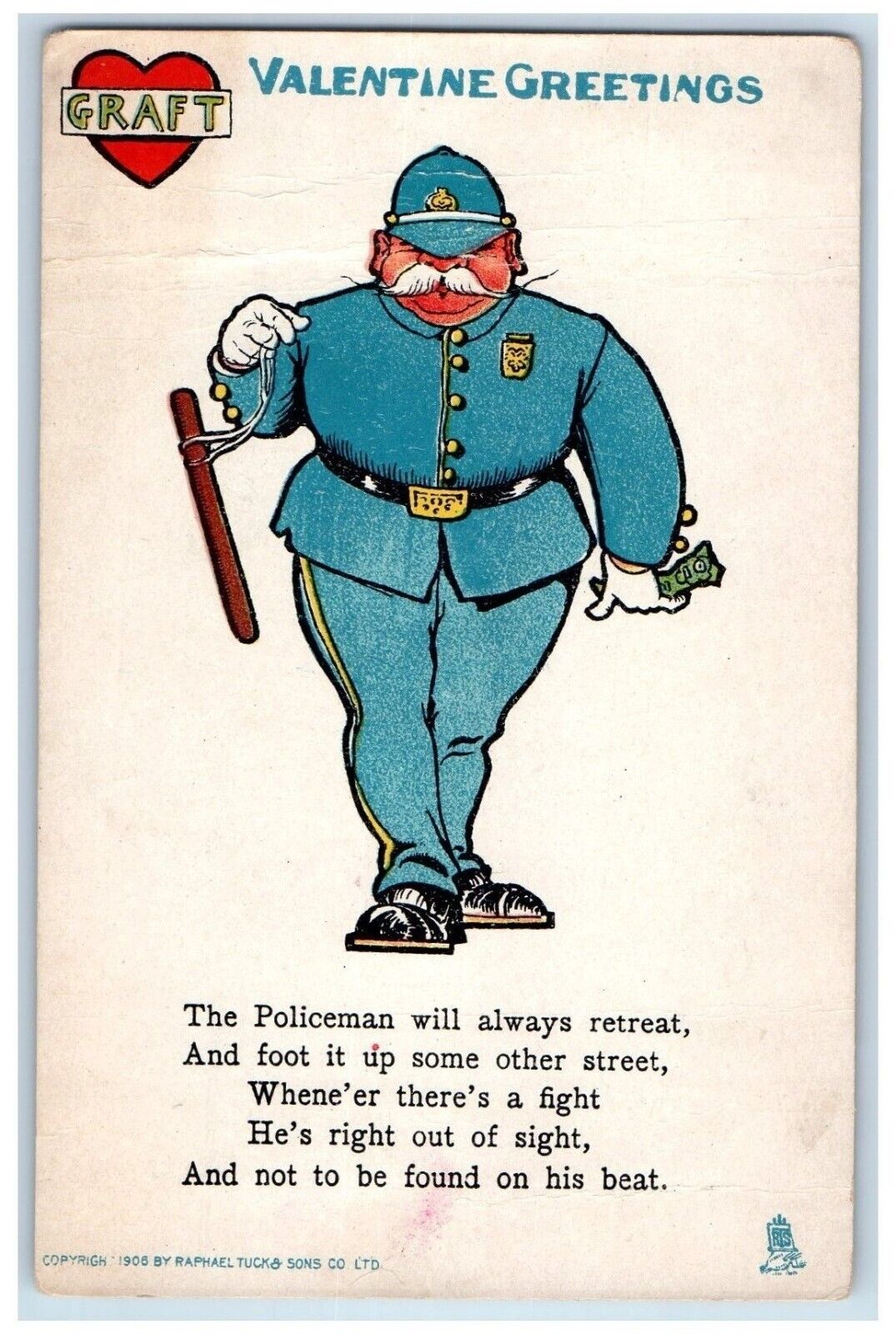 c1910\'s Valentine Greetings Policeman Retreat Heart Graft Tuck\'s Postcard