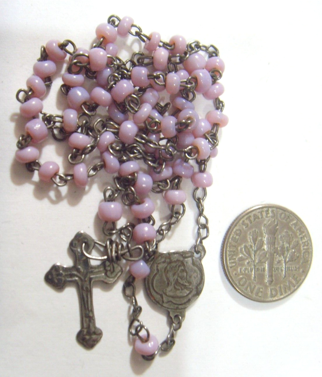 antique catholic Saint Mary rosary European micro Mauve glass beads 53108