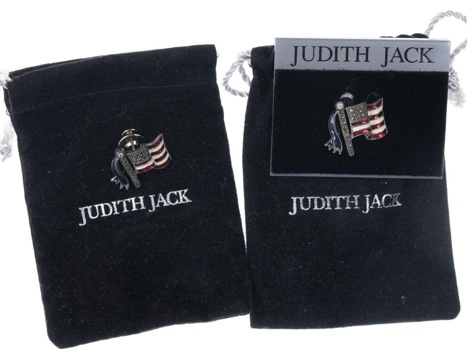 2 Vintage Judith Jack Sterling/Marcasite Enamel Patriotic Flag lapel pins