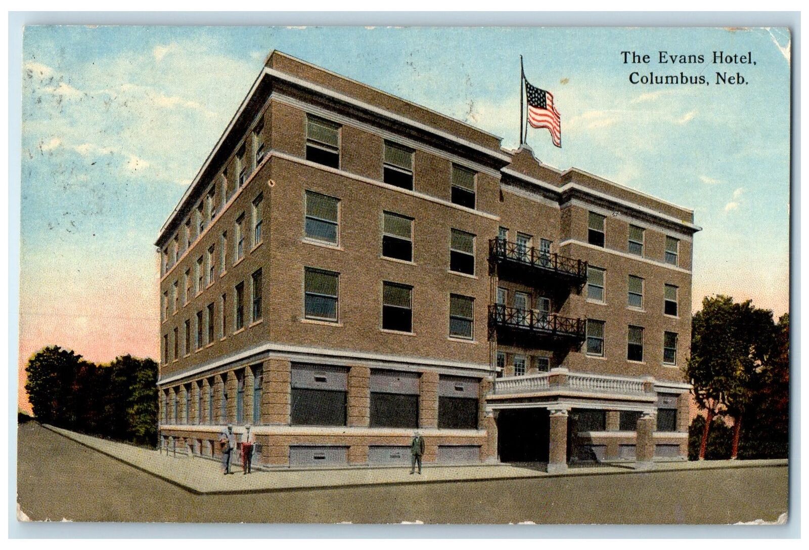 1912 The Evans Hotel Exterior Roadside Columbus Nebraska NE Posted Flag Postcard