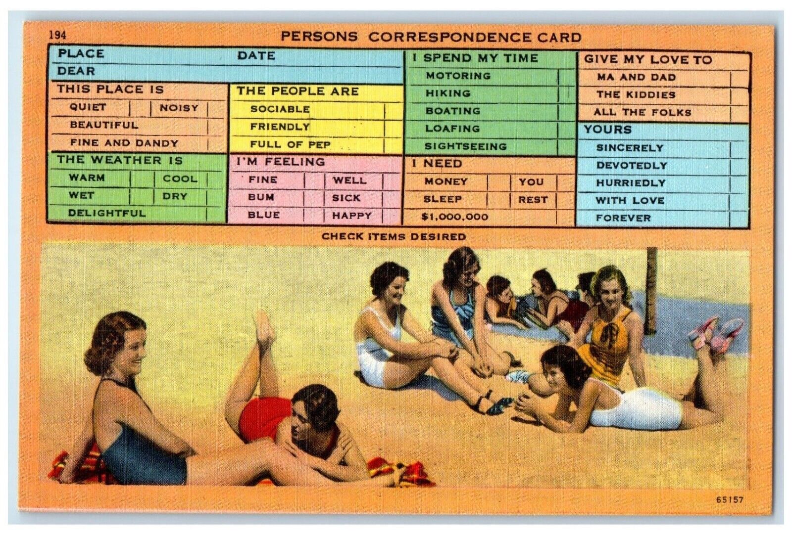 c1930\'s Beach Bathing Beauties Correspondence Checklist Vintage Postcard