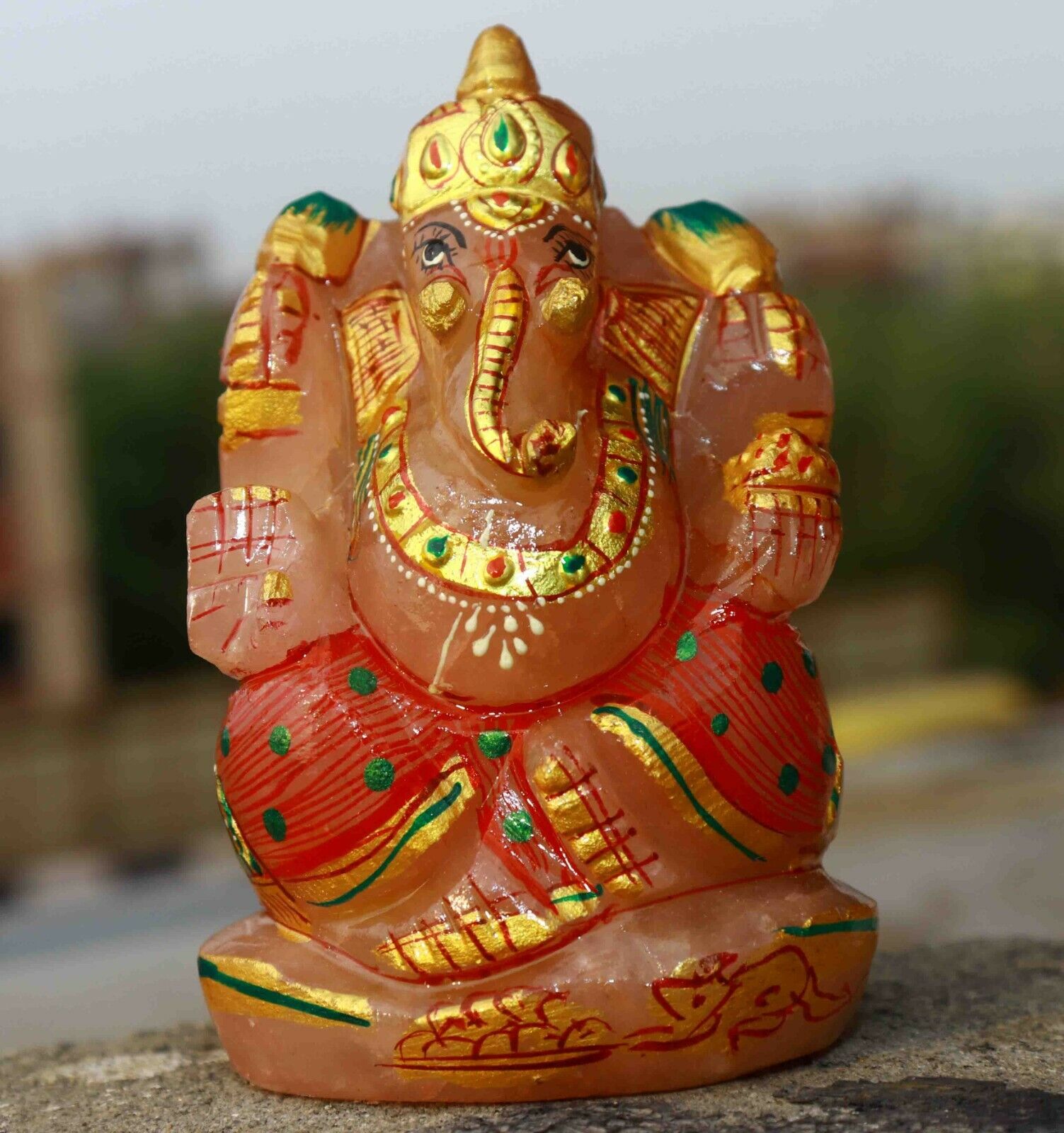 Hindu Ganesha Statue Elephant 1200Ct Pink Rose Quartz Lord Ganesha Gold Art Work