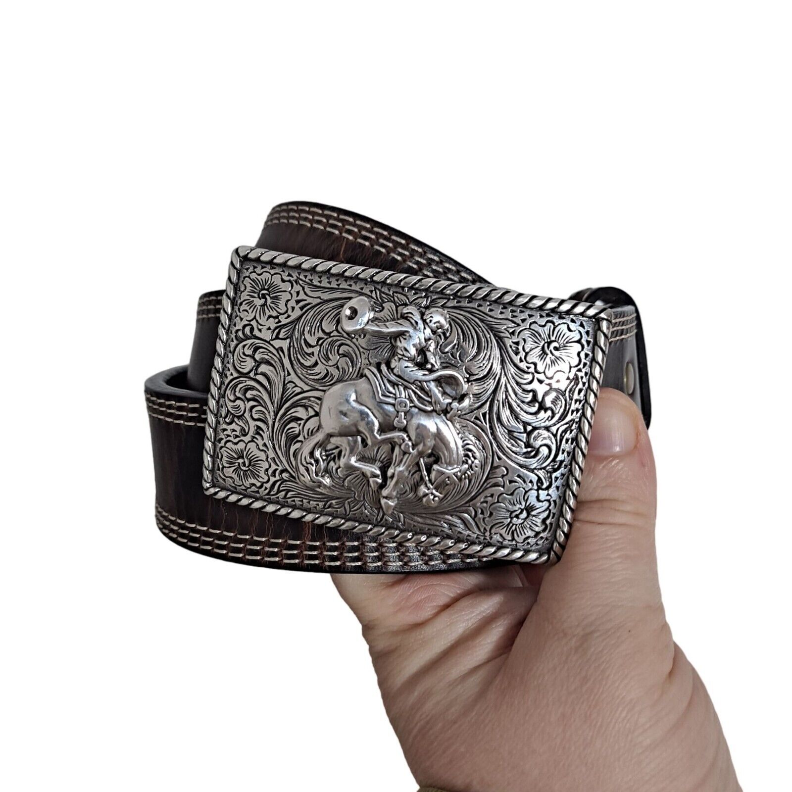 Nocona Bronco Belt Size 34 Brown Leather Cowboy Rodeo Western Silver Buckle