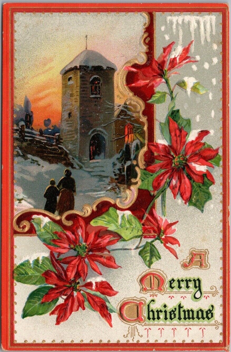 1910s Tuck's MERRY CHRISTMAS Embossed Greetings Postcard Winter Church Scene