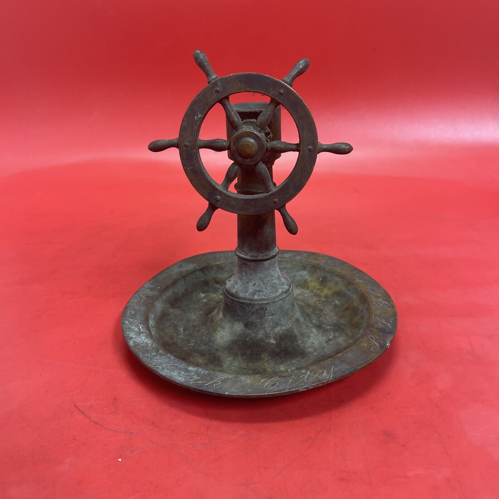 Vintage Solid Brass Ship's Wheel Ashtray
