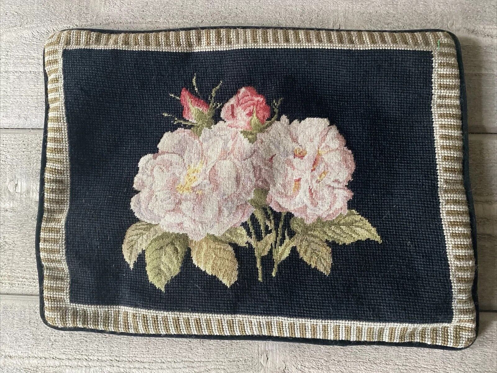 Vintage Needlepoint Floral Throw Pillow Velvet Back 16” X 8”