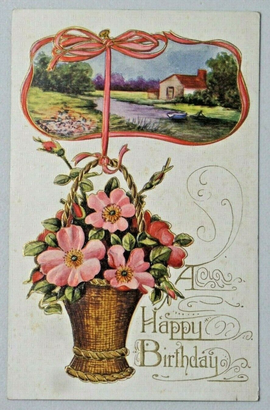 Vintage A Happy Birthday Embossed Pink Hibiscus Flowers Winsch Postcard 9916