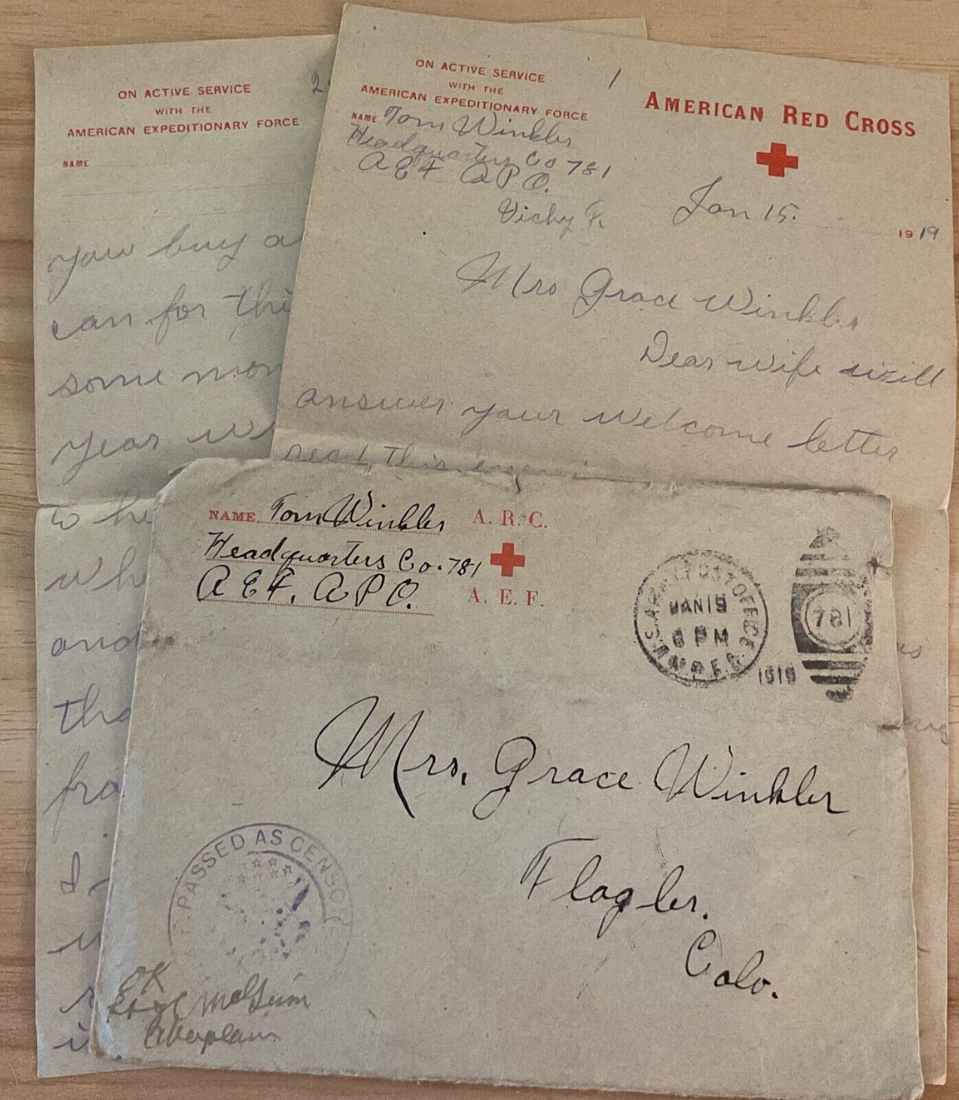WWI AEF letter Hq Co 781, not seen sick, buy as many cows as you can Winkler