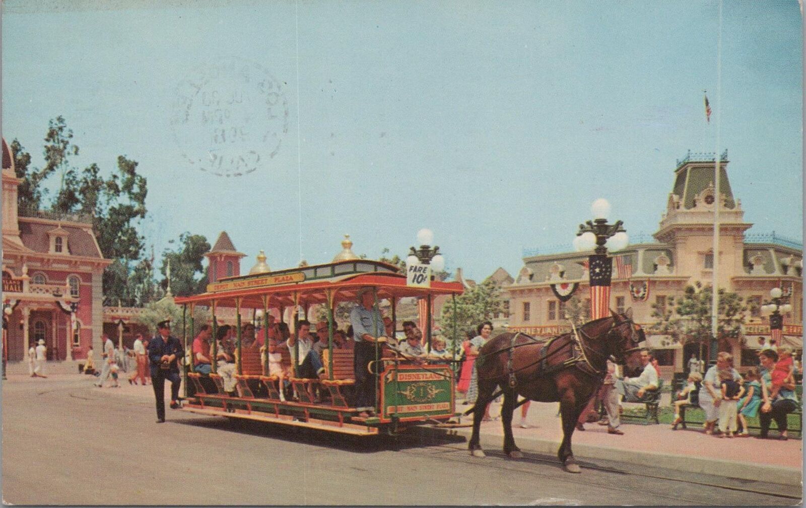 Postcard Disneyland 1961 Main Street Dobbin Stand Patiently Trolley
