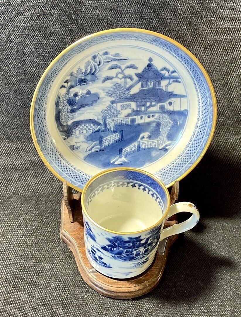 Antique Chinese Export Canton Blue & White Porcelain Cup & Saucer Pre 1891