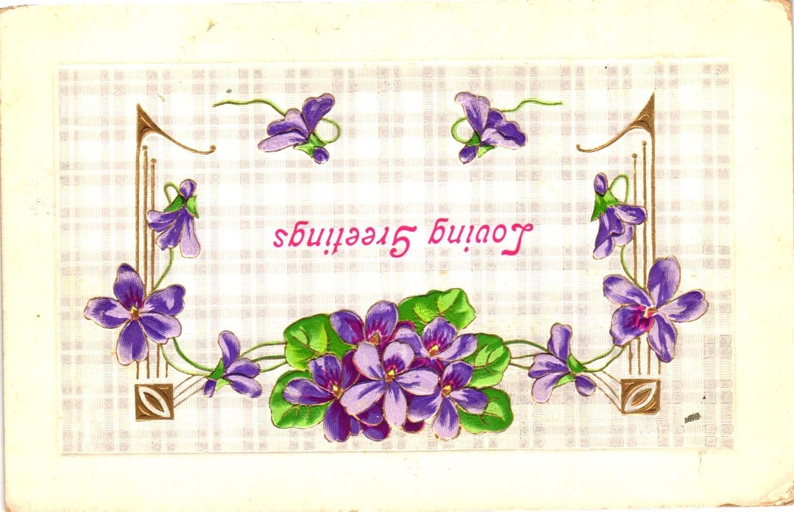 VTG EMBOSSED Postcard- LOVING GREETINGS, PUPRLE FLOWERS 1910 UnPost
