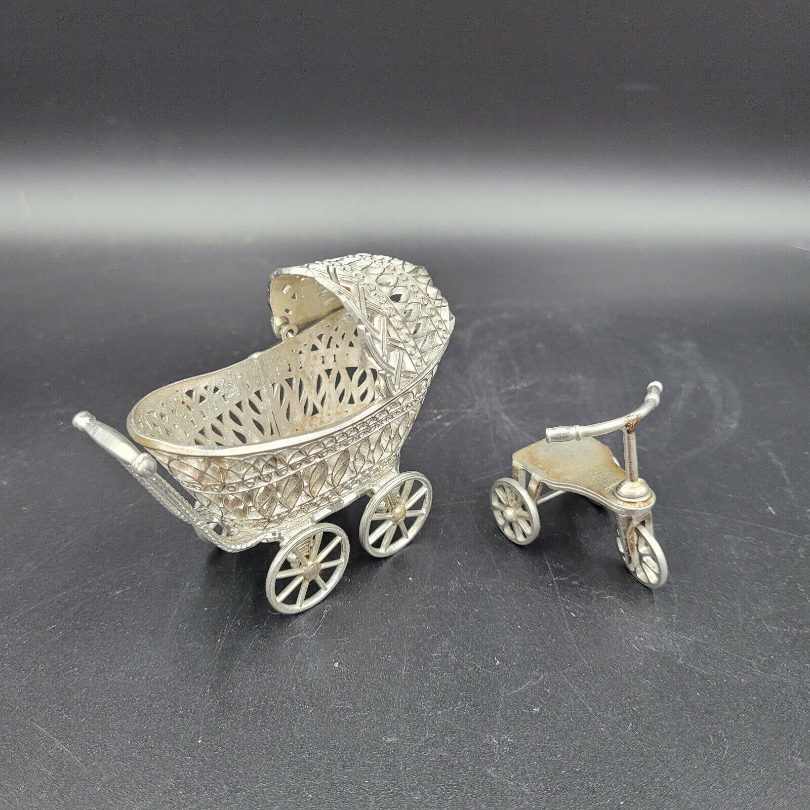 Antique Silver Metal Dollhouse Miniature Baby Buggy and Tricycle