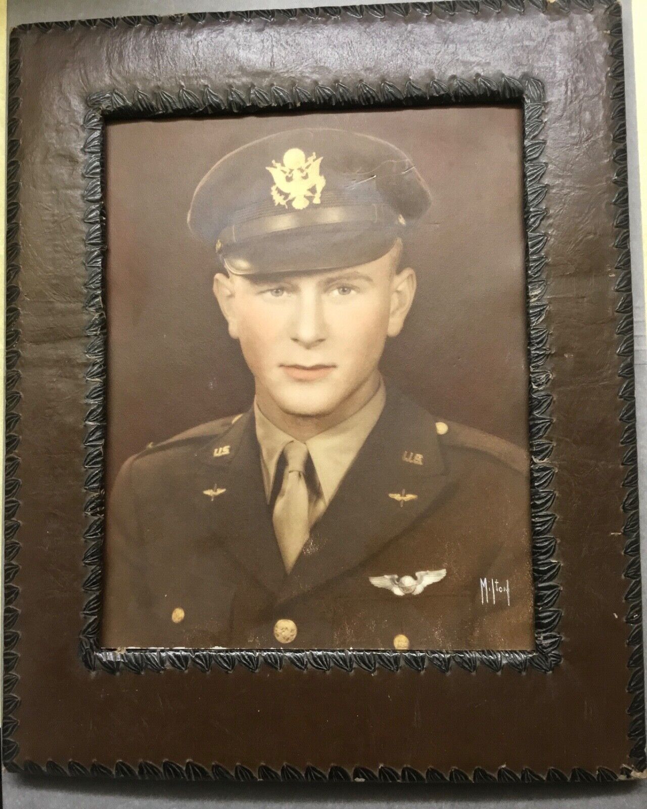 WWII US Army Air Corp Pilot Portrait Photo Brown Frame Color Hand-Tinted 8X10