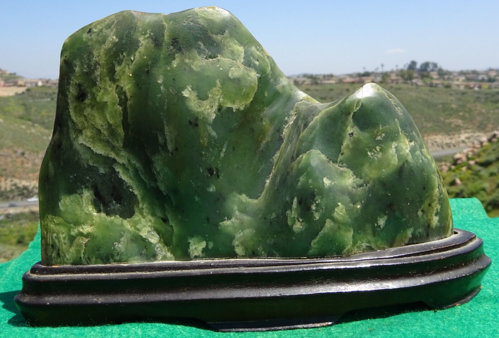 Rare Antique Chinese Spinach Jade Scholars Rock Stone Specimen On wood Stand